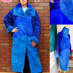 $DROP-VTG Full Shearling Warmest Blue Block Coat L